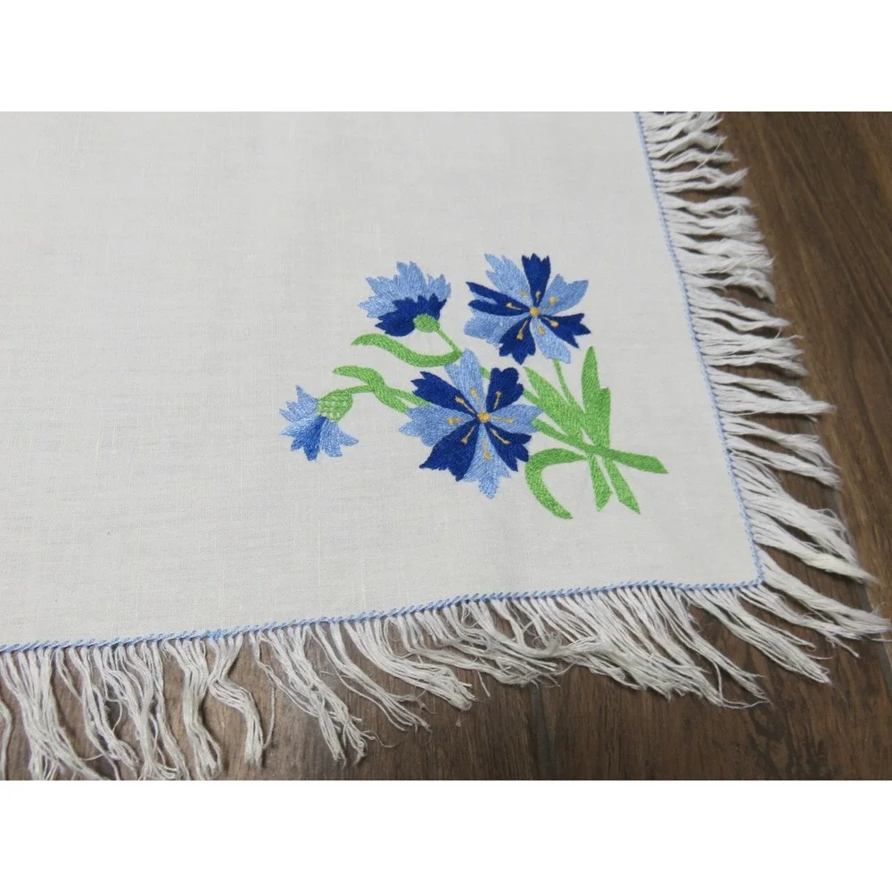Vintage Hand Embroidered Floral White Fringed Rectangular Tablecloth Linen 50x60